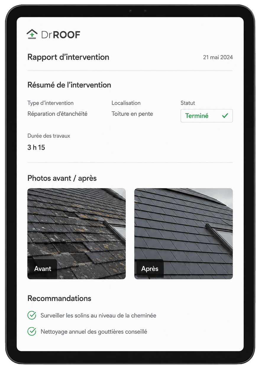 Exemple de rapport d’intervention Dr Roof sur tablette
